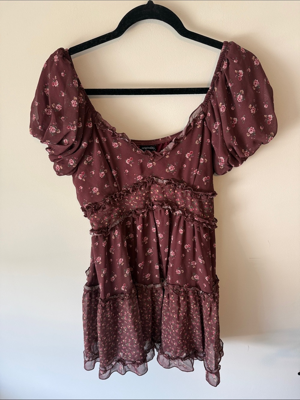 Floral Burgundy Mini Dress with Puff Sleeves